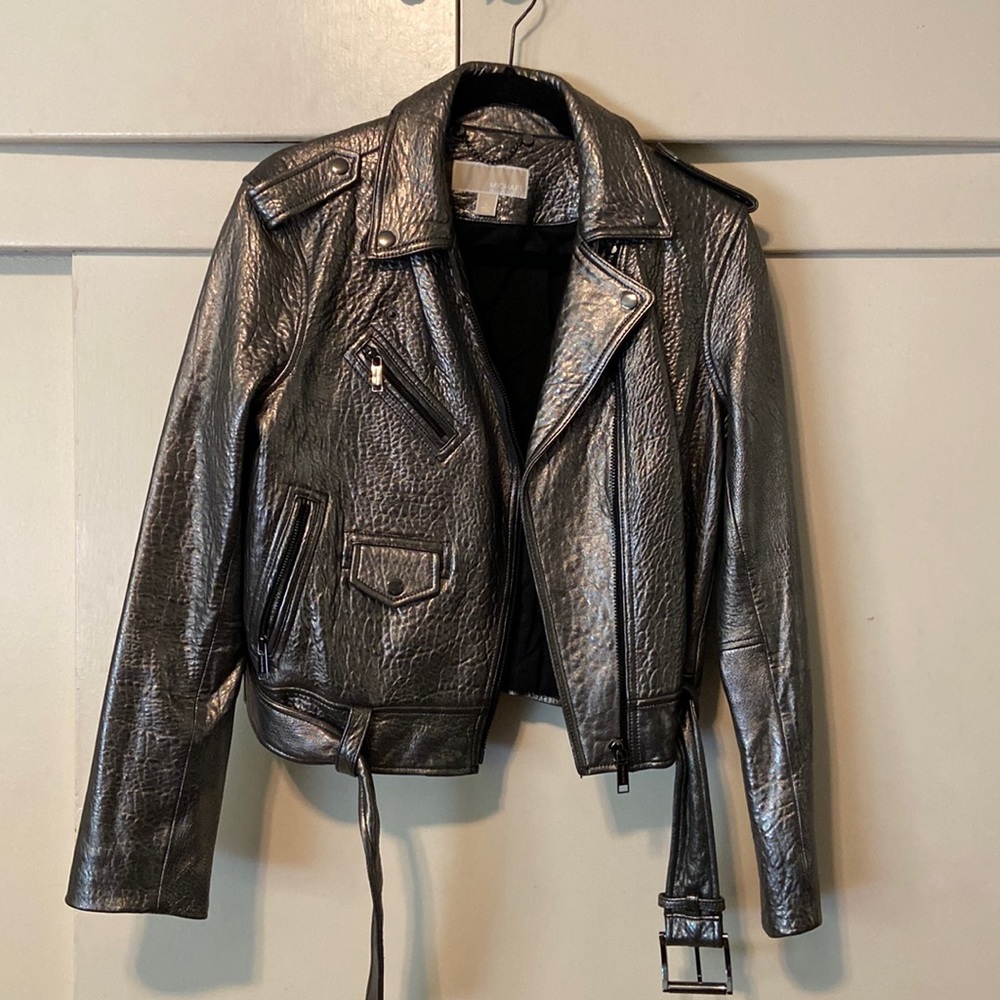 Michael Kors metallic gunmetal leather jacket.  Size Large